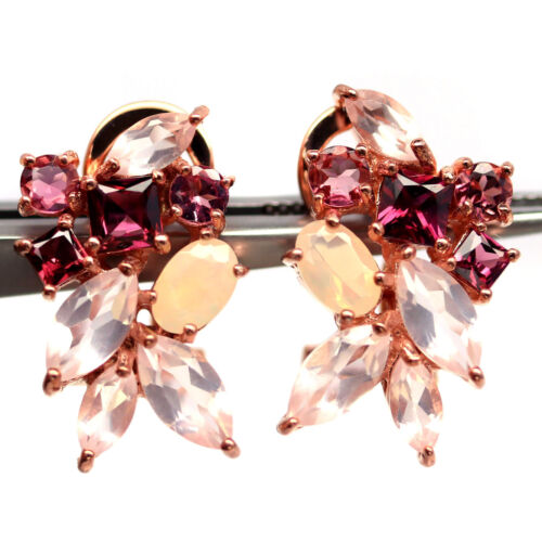 Gemstone Rose Quartz, Rhodolite Garnet & Opal Earrings 925 Sterling Silver - Picture 1 of 4