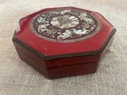 Vintage Asian Red Lacquered Octagon Jewelry Box Mother Of Pearl Inlay Butterfly