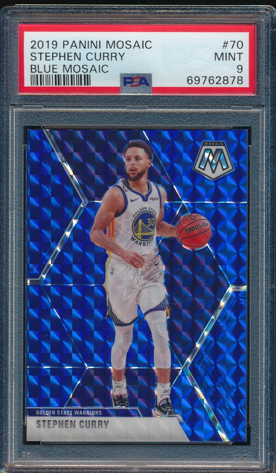 STEPHEN CURRY 2019 MOSAIC BLUE MOSAIC PRIZM # 70 SP #D/99 PSA 9 MINT! GS HOFER!