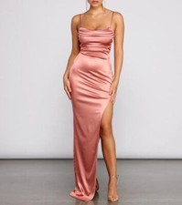 Maya Antonia Satin Rose-Pink Evening Prom Maxi/Long Dress/Sexy Slit/Straps