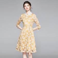Women Sweet Doll Collar Lace Mesh Knee-Length Yellow Lace Dress Lady Party Gown