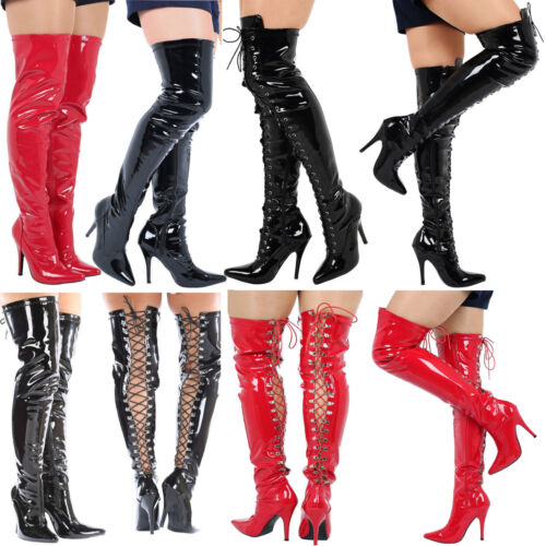 WOMENS LADIES MENS THIGH HIGH OVER KNEE BOOTS FRONT LACE STILETTO HEEL SIZE 3-12 - Picture 1 of 14