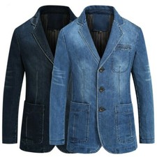 Men Denim Notch Neck Suit Jacket Single Breasted Slim Pocket Blazer Coat Classic