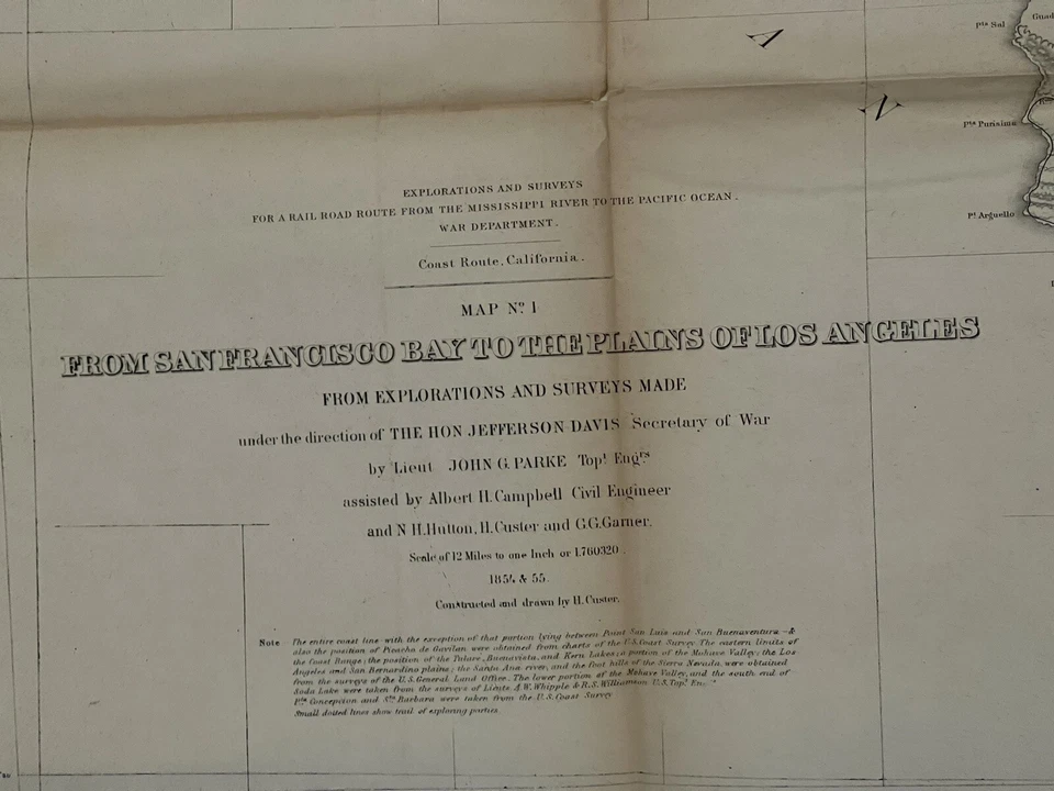 Mapa de encuesta de Estados Unidos 1855 Bahía de San Francisco LA Llanuras Jefferson Davis H. Custer RARO Foto 3 de 4