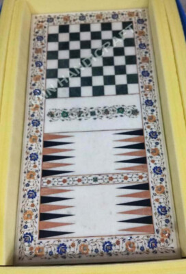 4'x2' white marble chess backgammon table top inlay lapis pietra dura decor home