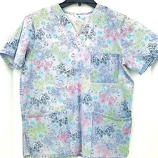 SB Scrubs Small Scrub Top Blue With Multi Color Butterflies Nurse Veterinary
