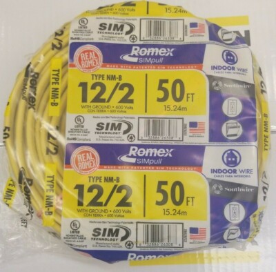 Southwire 12/2NM-WGX50 Type NM-B Sheathed Cable, 12 AWG, 50 ft L, Yellow Nylon S