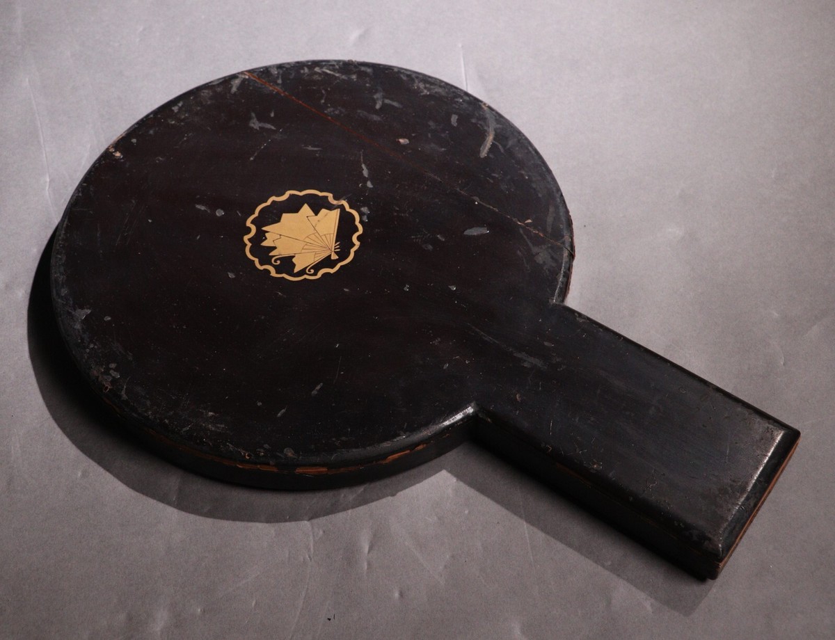 Old Japanese Copper Hand Mirror Flowers Pattern Lacquer Case
