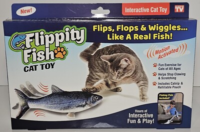 Flippity Fish Interactive Cat Toy with Catnip & Fishing Pole Touch Activated New