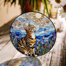 Tabby Cat Moonlight Stained Glass Suncatcher, Window Decor Gift For Cat Lovers