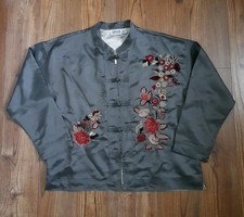 Size 2 Chico's Asian Jacket Olive Floral Embroidery Mandarin Collar Frog Button