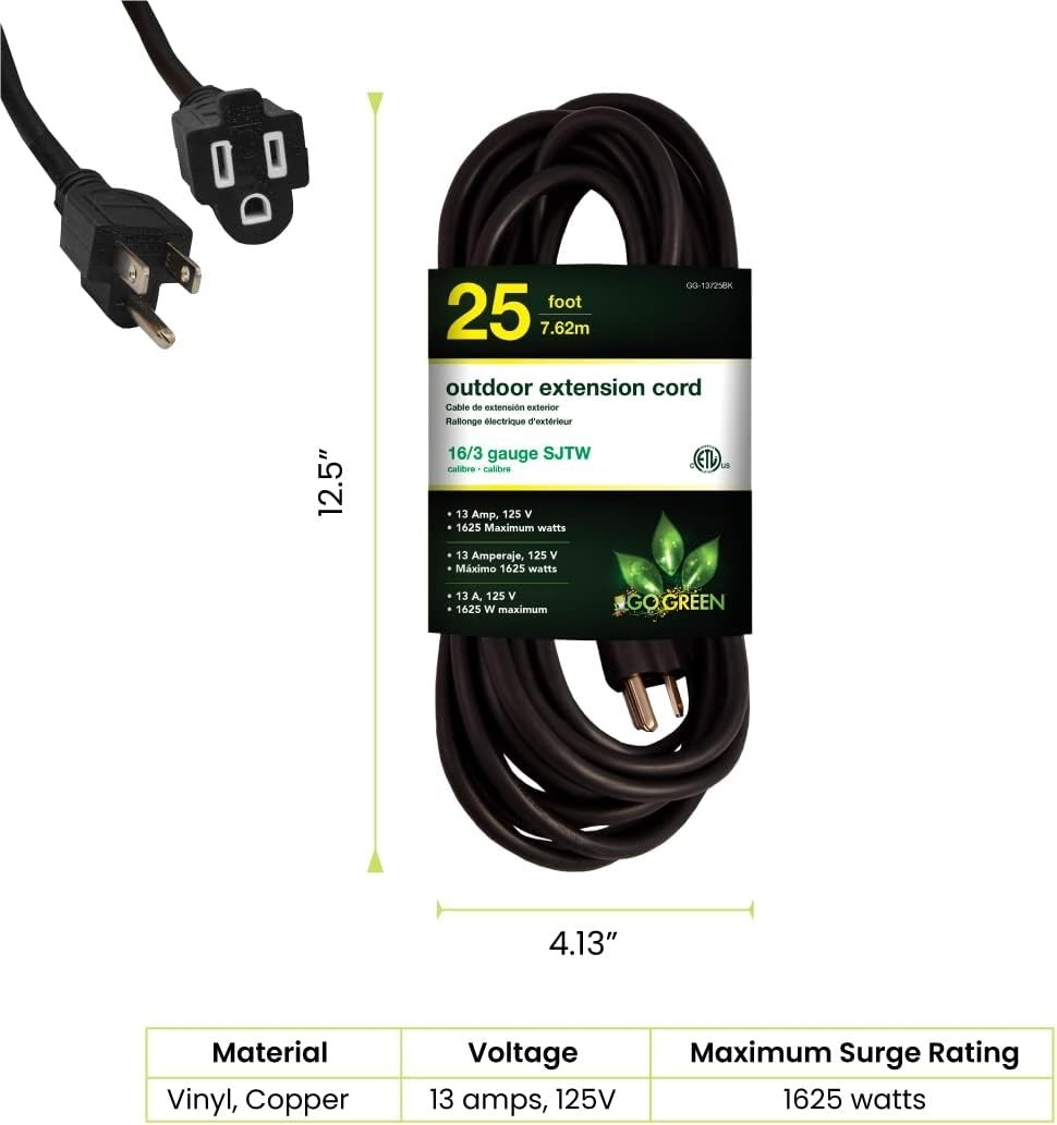 Go Green Power Inc. 16/3 25ft Black Outdoor Extension Cord - Reliable, Heavy ...