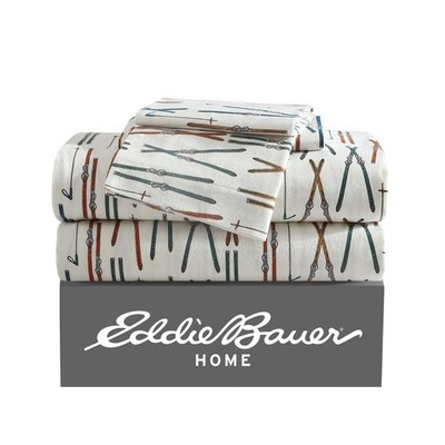 Eddie Bauer Cotton Flannel Sheet Sets (Ski Line-Light Ivory Orange Blue)
