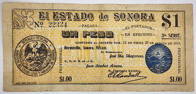 1913 Hermosillo, Sonora, Mexico 1 Peso Banknote - 3rd Series 35mm Seal - M#3815c
