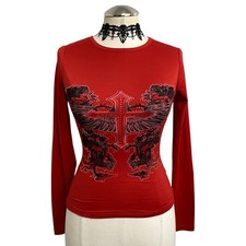 Y2K Style Grunge Emo Embellished Punk Goth Cross Alt Red Long Sleeve Top XS