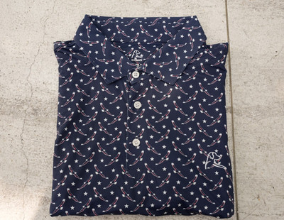 Rhoback The Bald Eagle Men Performance Polo Admiral Navy Star USA Flag Ridge XL