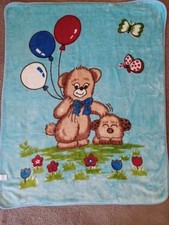Vintage Baby Blanket Teddy Bear Balloons Puppy Dog Butterfly Blue Plush Lg 52x42