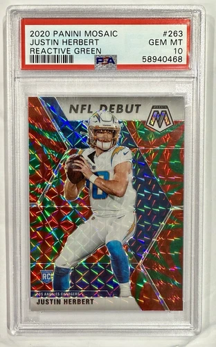 2020 Panini Mosaic Justin Herbert Reactive Green Rookie (RC) PSA 10