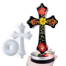 Cross Silicone Mold with Base for Epoxy Resin Casting Standing Fancy Religious
