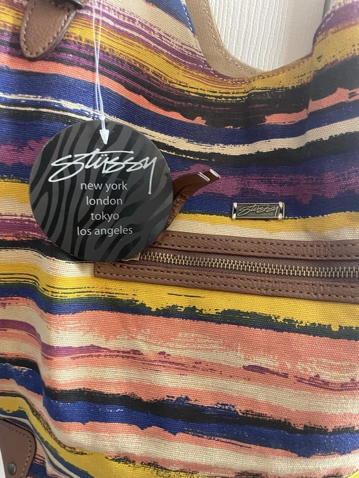 Bolso de Mano Stussy Cartera Bolso de Hombro Lona a Rayas Multicolor Cierre a Presión Nuevo con Etiquetas Foto 2 de 4