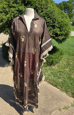 Desert Moss Vintage Sheer Brown Kaftan with Floral Embroidery Dress OS