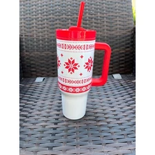 Sleigh Bell Bistro Red White Holiday 40oz Tumbler w/ Straw Christmas Decor