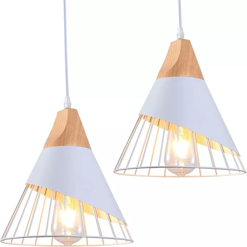 Set di 2 Lampade a Sospensione Vintage, Luce da Soffitto in Metallo Design Legno
