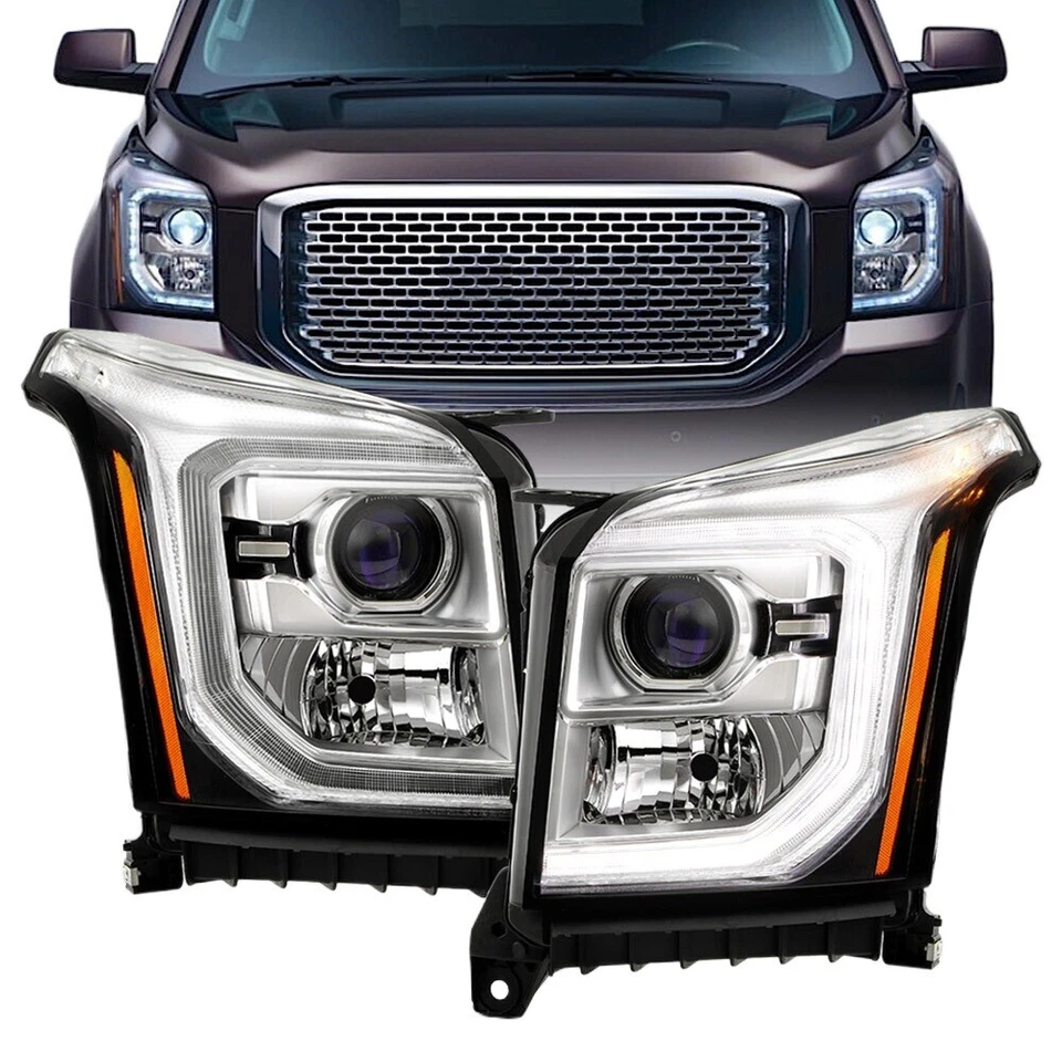 Halogen Headlights DRL Projector For 2015-2017 GMC YuKon Chrome Left+Right Foto 2 de 2