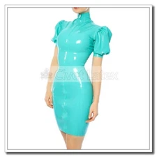 Latex Dress High Neck Mid Length Skirt Short Puff Sleeve Front 2way Long Zip D52