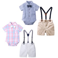 Baby Boys Gentleman Outfit Bow Tie Romper Shirt Suspender Trousers Pants Suits