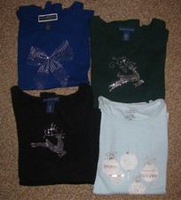 EUC Lot of 4 Reindeer, Bow, Ornament EMBELLISHED Studded TOPS Karen Scott M, PM