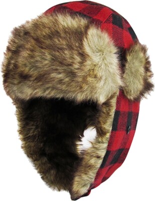 ''Red Plaid Fur Lined Trapper Winter Hat - Cozy Elegance for Cold Days''