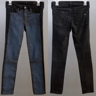 Rag & Bone Skinny Jeans Leggings Denim Front Black Lamb Skin Leather Back sz 24