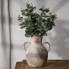 Rustic Ceramic Farmhouse Flower Vase with 2 Handles, Whitewashed Terra Cotta