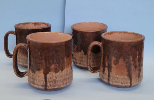 Vintage Studio ART POTTERY Artist Signed Stoneware Set Of 4 Brown Cups Drip Glaz