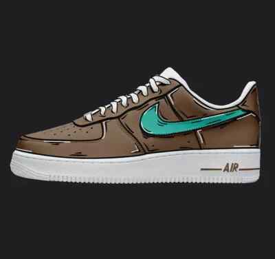 Nike Air Force 1 Custom White Shoes Brown Teal Blue Swoosh Cartoon Mens Womens