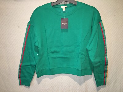 JUNIORS SIZE MEDIUM FOREVER 21 GREEN LONG SLEEVE PULL OVER ATHLETIC SWEATSHIRT