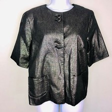Kenar Womens Jacket Sz 12 Gray Metallic Short Sleeve Button Up Linen Blend New