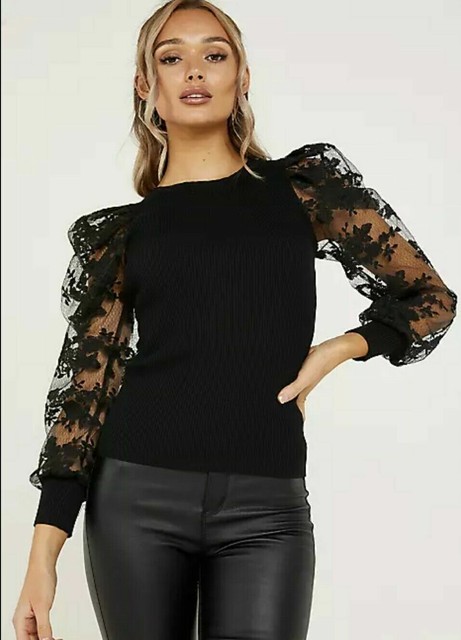Quiz Black Knit Lace Puff Long Sleeve 