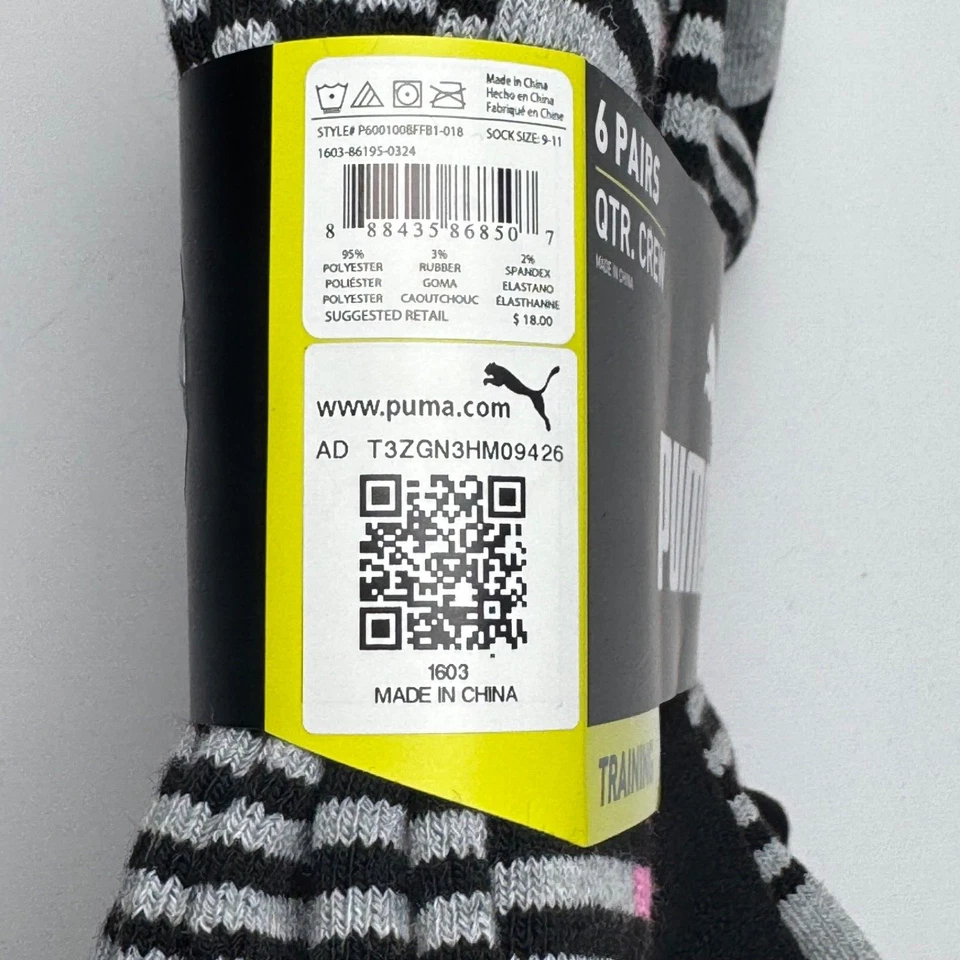 Zapato PUMA Mujer 6 Pares Cuarto Crew Calcetines Talla 5-9.5 Negro con Suelas Grises Foto 4 de 4