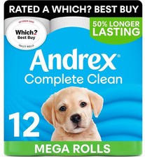 Andrex Complete Clean Toilet Tissue; 12 Mega Toilet Rolls =18 Standard Loo Rolls