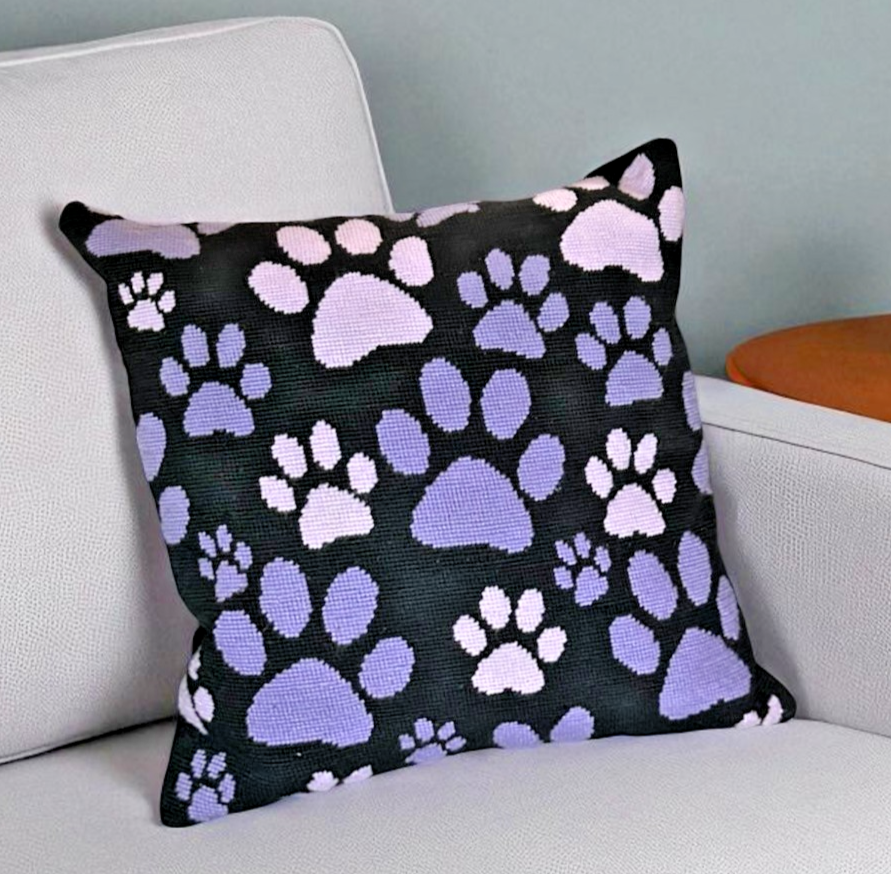 Paw Print Pillow – Handstitched Needlepoint - A Perfect Gift for Pet Lovers