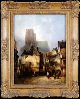 ALFRED MONTAGUE (1832 1883) A FRENCH MARKET TOWN ANTIQUE LANDSCAPE OIL PAINTING