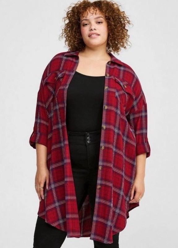 TORRID Oversize NEW WITH TAGS Plaid “Flannel” GAUZE LONG Shacket SHIRT size 0/12