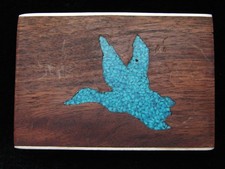 PK09165 NOS VINTAGE 1970s FLYING DUCK ART WOOD INLAY COMMEMORATIVE BUCKLE