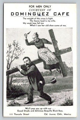 Vintage Dominguez Cafe Mexico Postcard Man Carrying Cross Wife Knife Humor