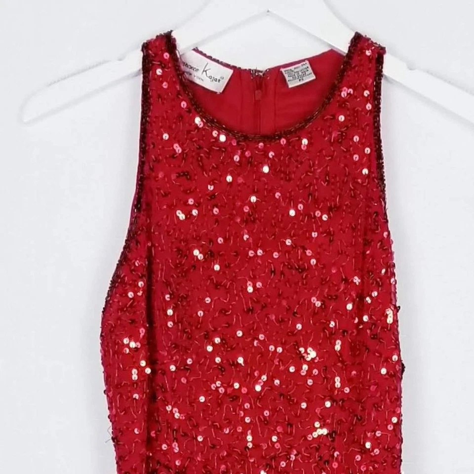 Laurence Kazar 纽约红色 100% 真丝亮片手工缝制礼服连衣裙 PS 码 — 第 4/4 张图片