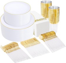 350pcs Gold Plastic Dinnerware Set 50 Guests,Fancy Disposable Plates Party,Gold