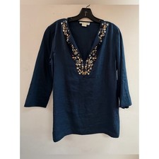 Michael Kors Tunic Women Large Navy Blue Beaded Linen V-Neck 3/4 Sleeve Top