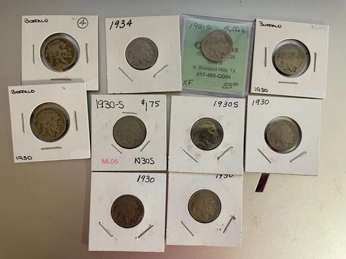 #4 Lot of 10, Buffalo Nickels 1930(5), 30S(2), 1931S(XF), 1934(2) ALL Good Cond.